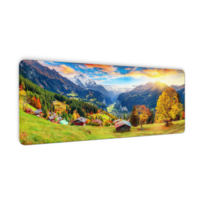 Tapis de bureau Wengen Village, tapis de souris Lauterbrunnen Valley, tapis de souris imperméable pour paysage d'automne, clavier de clavier des montagnes des Alpes, tapis de bureau d'ordinateur pour le travail, le jeu, le bureau, la maison, épais, 15,75 po x 31,5 po