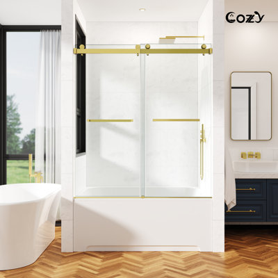 72-77" W x 60" H Frameless Double Sliding Tub Door with 3/8" (10mm) Clear Tempered Glass, Shatter-Resistant Film & Installation Hole Locator