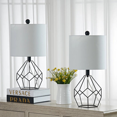 18.75" Modern Black Forged Iron Table Lamp, Rotary Switch Control Task Lighting Lamp with Neutral Linen Shade Single Accent Nightstand Desk Lamp for Living Room Bedroom Decor