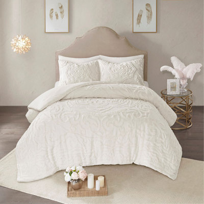 Ensemble d'édredon 2 pièces en chenille de coton blanc cassé simple / simple TG