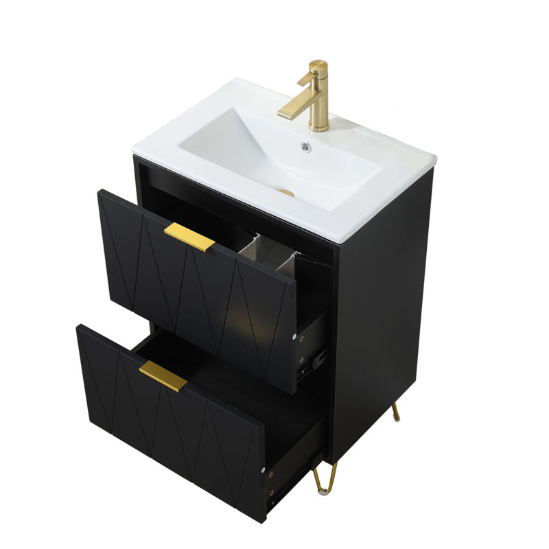 Meuble-lavabo simple 24 po noir avec plateau en céramique, Noir