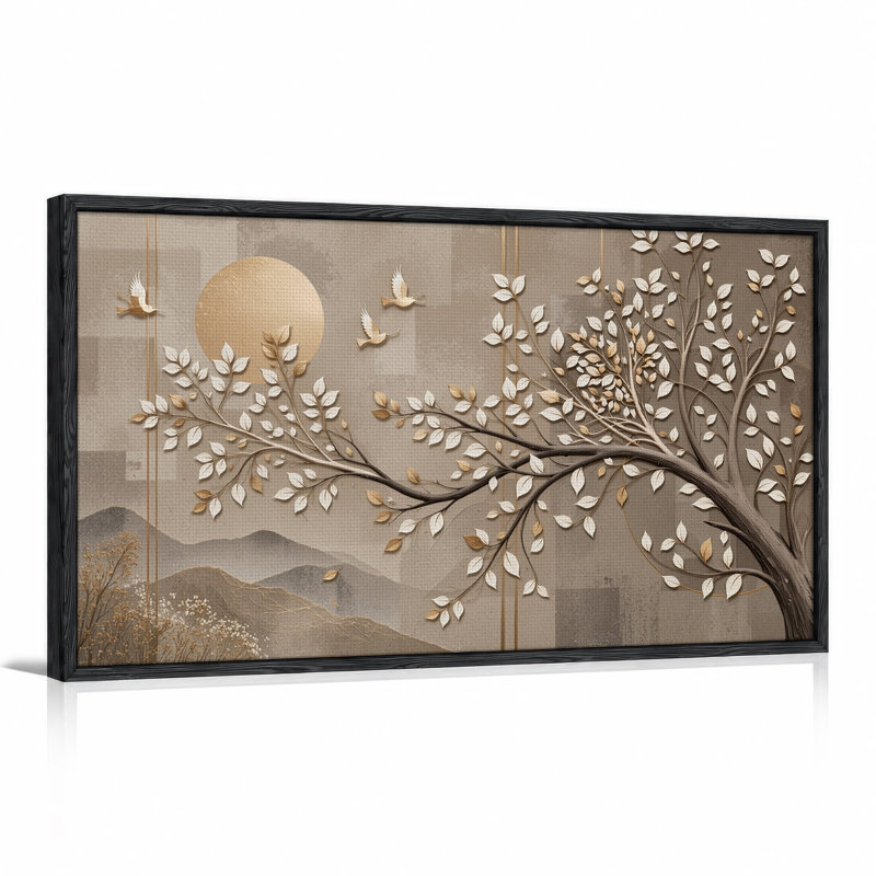 Branche d'arbre stylisée avec oiseaux et toile blanche et dorée, 40“W x 20”H