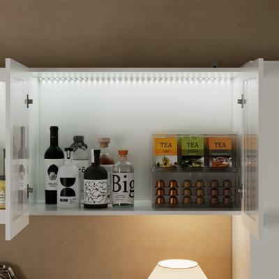 Buffet de cuisine avec coin repas intégré, 262 cm de large, avec station de recharge et éclairage LED.