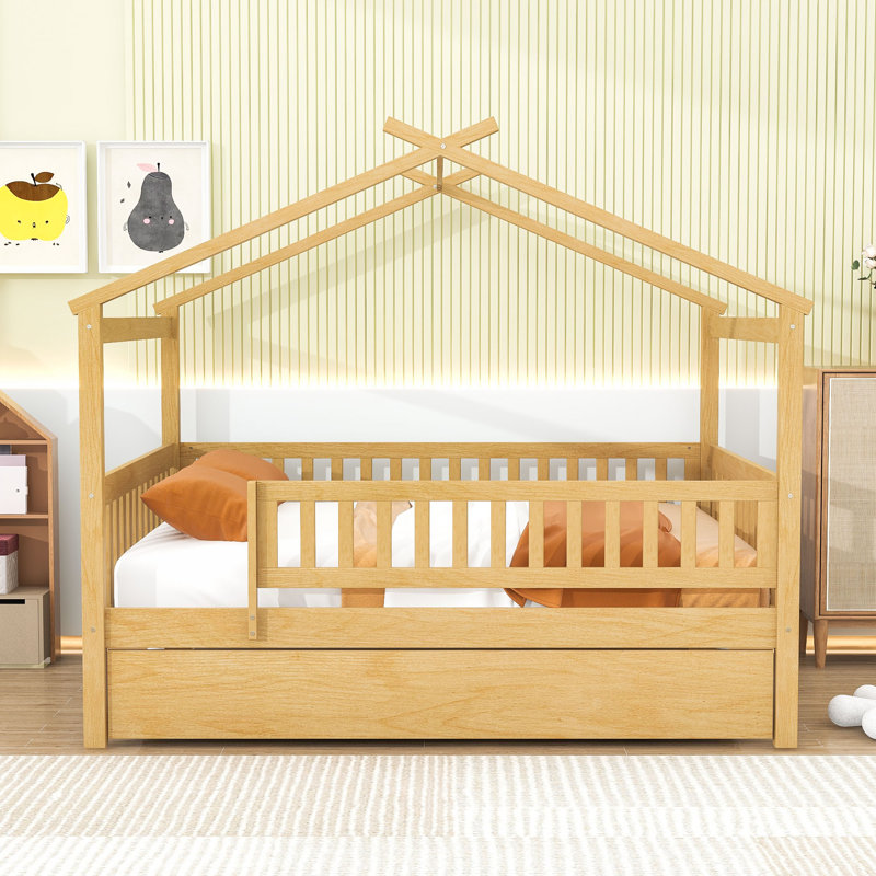 Lit maison en bois avec lit gigogne Iakup, Naturel