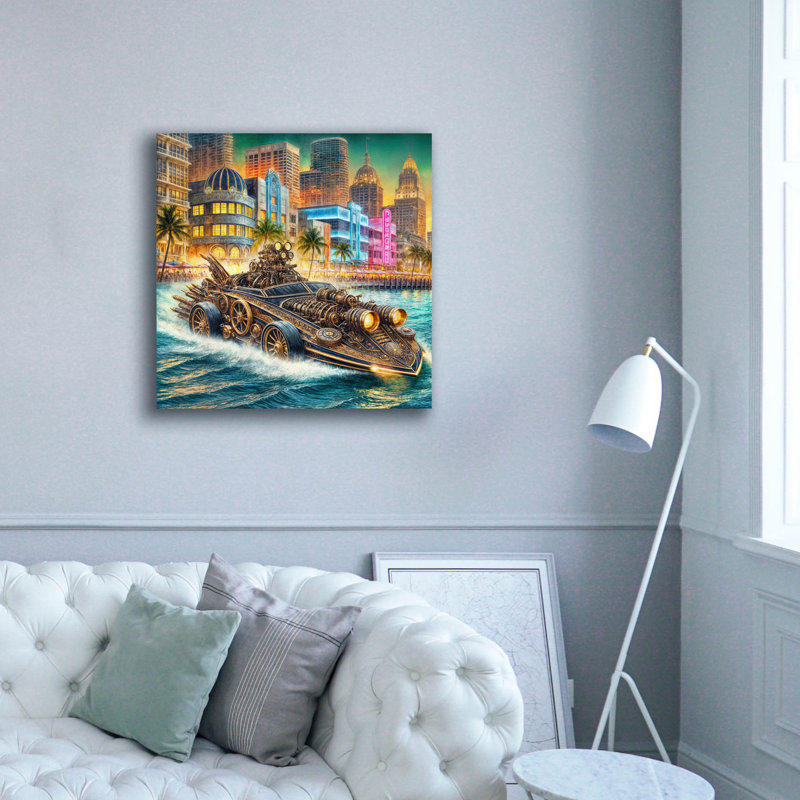 «Steampunk Speedboat In Miami» par Rey Klimt, art mural sur toile, H 37 po x l 37 po