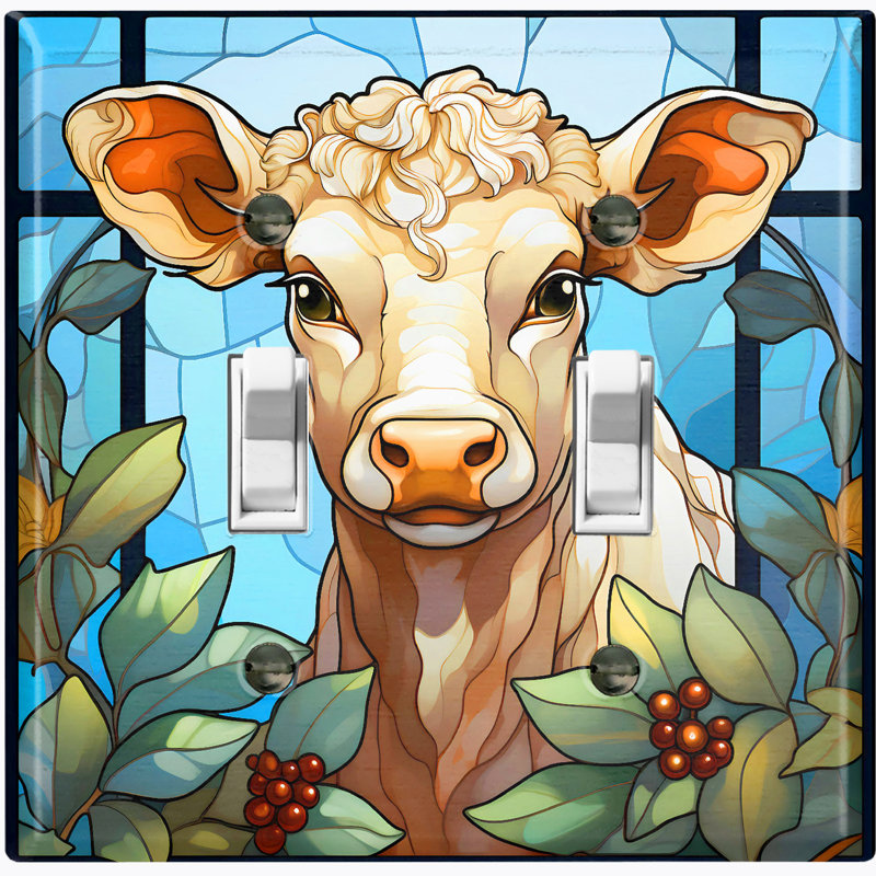 Metal Light Switch Plate Outlet Cover (Cute Cow Berry Leaves Blue Sky - Double Toggle)