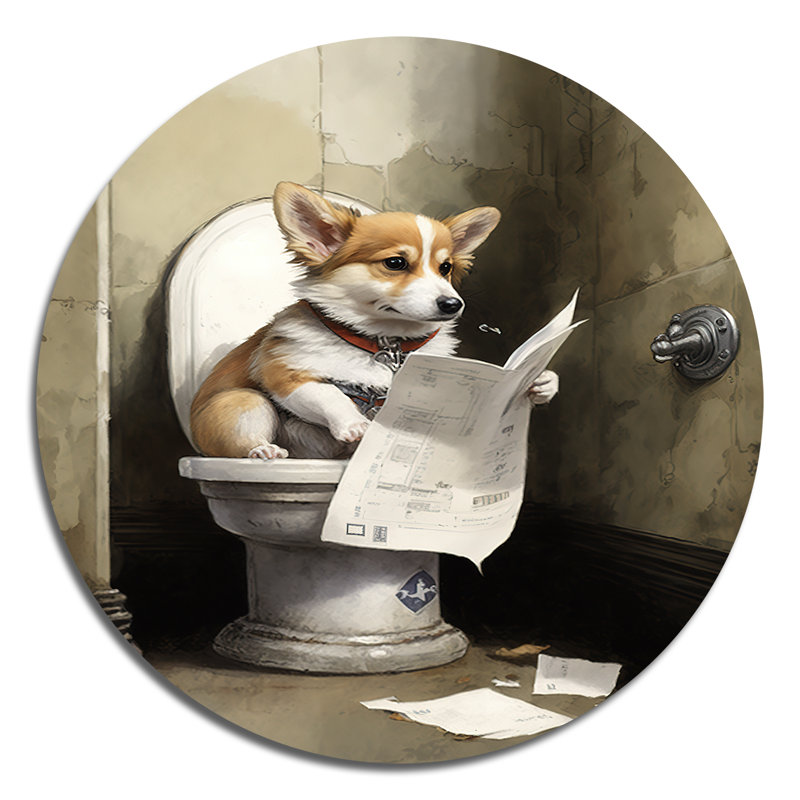 Silly Corgi, lecture de nouvelles sur la toilette - animaux, art en métal rond, H 16 po x l 16 po