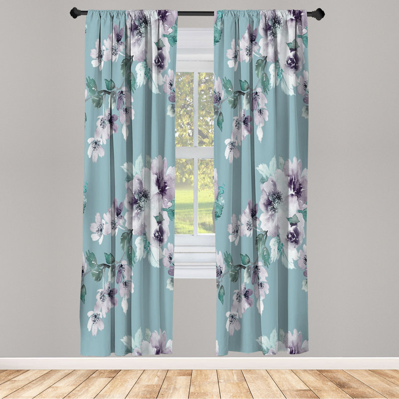 Microfiber Floral Semi-Sheer Rod Pocket Curtain Panels, 28" W x 84" L, Mint/Purple