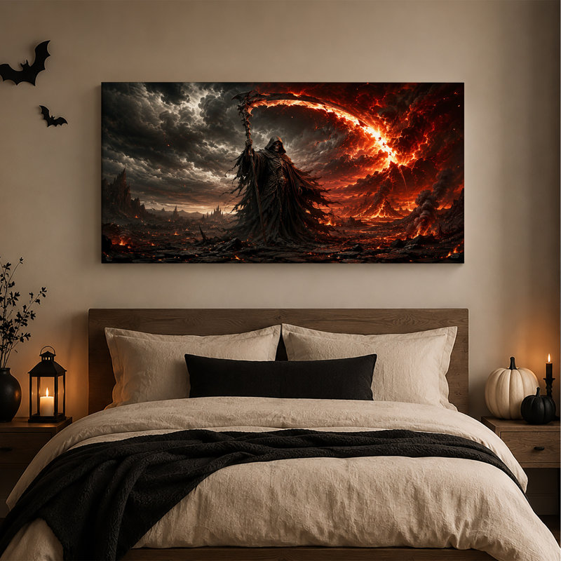 La Faucheuse à la faux incandescente dans une toile murale d'Halloween volcanique enflammée, L 20 po x H 10 po