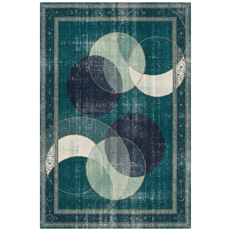 Tapis Alder2 Modern Circles géométrique bleu sarcelle et blanc, lavable à la machine, antidérapant, à poils courts, pour l'intérieur et l'extérieur, adapté aux animaux domestiques, idéal pour le salon, la chambre, la salle à manger, l'entrée, le corridor ou le bureau.