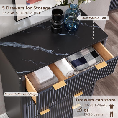 Siyuan Fluted Design 5-Drawers Dresser Organizer, Wood Tall Chest of Drawers