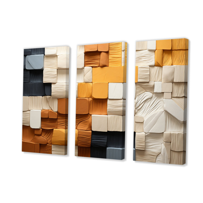 Cubic Yellow and Gray Fibre II - 3 pièces sur toile tendue, H 28 po x l 36 po x P 1 po