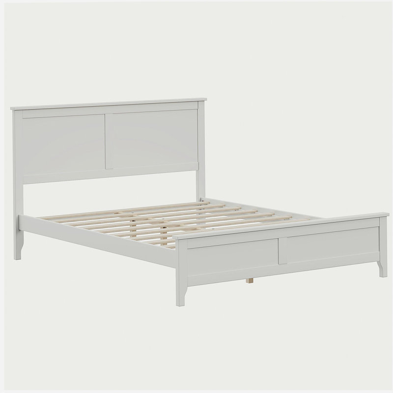 Grand lit plateforme moderne en bois massif avec support de lattes en bois robuste, sans sommier tapissier, blanc