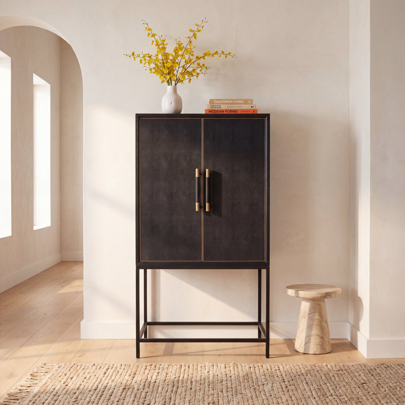 Meera Solid Wood Bar Cabinet with Brass Base, Black