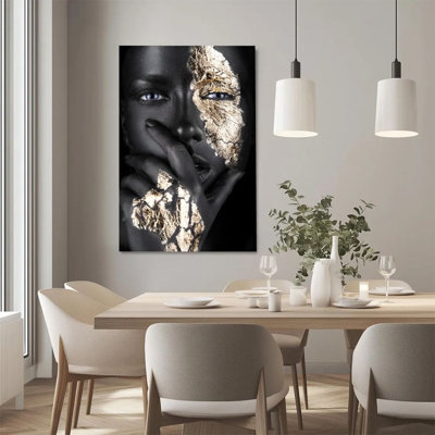 2D Flat, 1Pc Framed Canvas Wall Art, Black and Gold Mask, Cracked Metal Texture, Surrealistic Art Style Art Print Canvas Poster Painting Room Wall Decor, Ideal Gift For Bedroom Living Room Hallway Dorm, Ready To Hang
