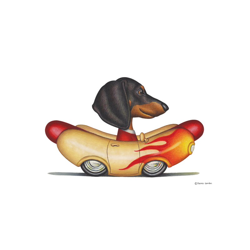 Dachshund Flaming Wienermobile by Danny Gordon - Print, 66.04 cm H x 45.72 cm W x 1.91 cm D, No Frame