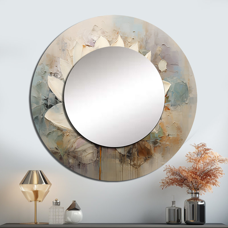 Antique Lotus Connection I - miroir de lotus, miroir mural rond beige, impression d'art en métal, 23 po x 23 po