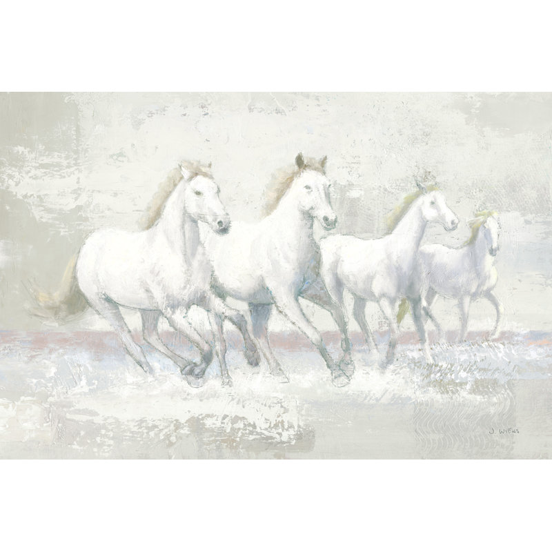 Chevaux blancs sauvages, quatre chevaux en course, équestre, crème, brun clair, blanc, gris, H 26 po x l 50 po x P 1,5 po