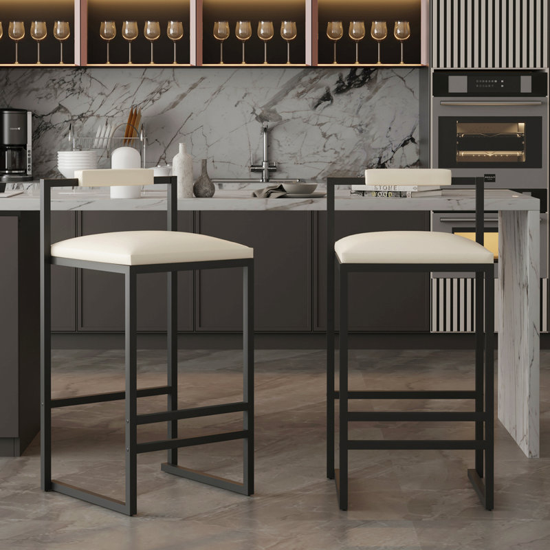 Ensemble de 2 tabourets de bar rembourrés en similicuir avec tabourets de bar et structure en métal pour comptoir, îlot de cuisine (beige)