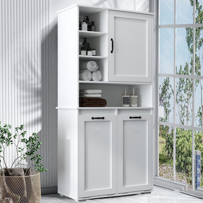 Tall And Wide Bathroom Cbinet With Multiple Storage Space, Door And Tilt-Out Laundry Hamper With Cloth Bag Basket