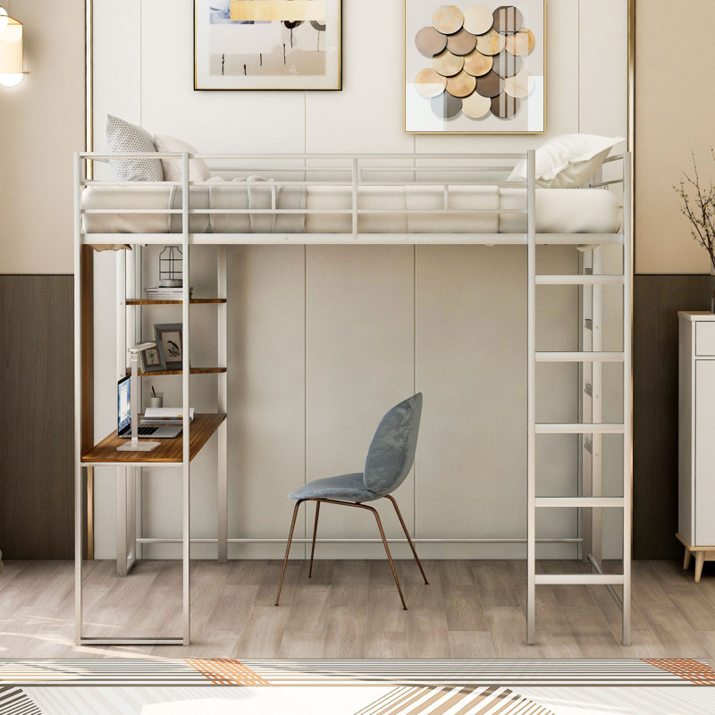 Bottesford Metal Loft Bed with Desk, Full, Silver