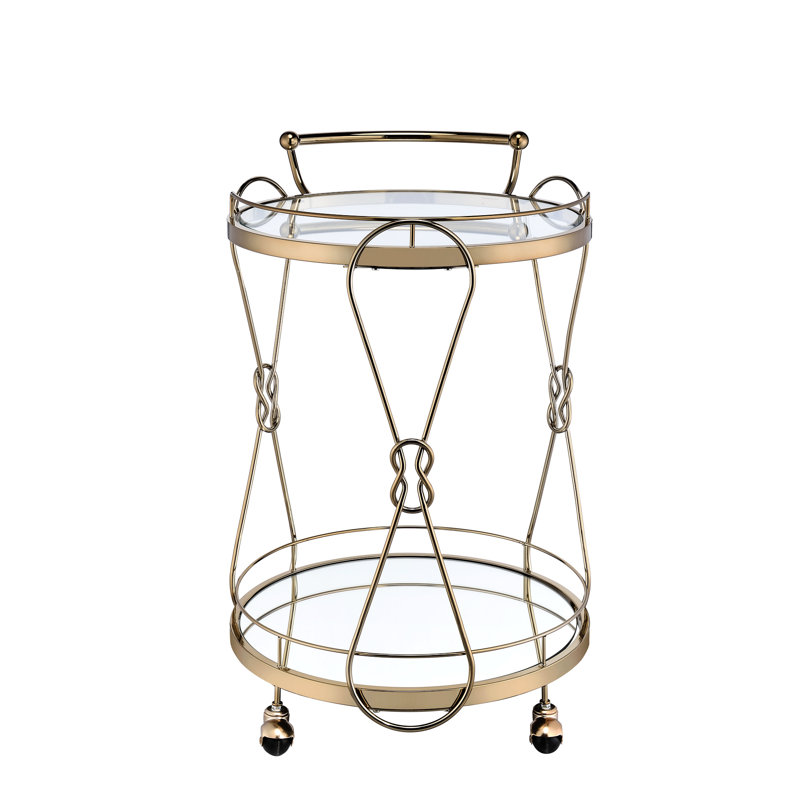 Fabuleux chariot de service à champagne, 2 compartiments ouverts pour le rangement, tablette en verre trempé transparent, base en miroir de 5 mm, cadre et poignée en métal, roulettes à roulettes, finition ronde, rangement