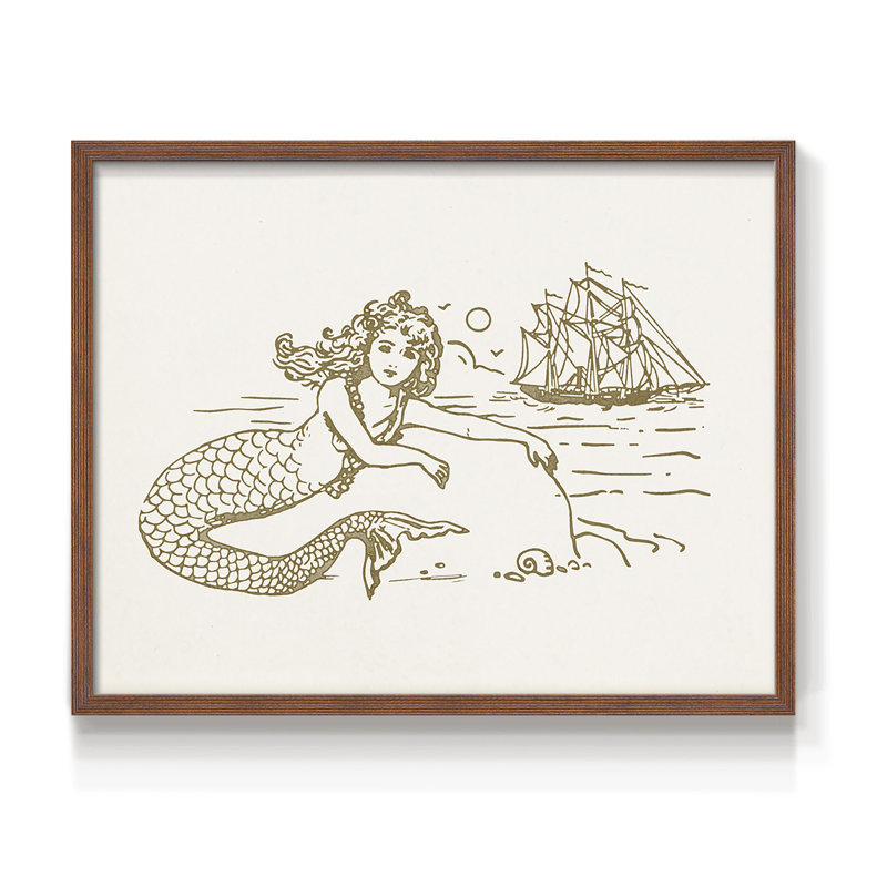 Sunning Mermaid I -Framed Print - Restickable, H 11 po x l 14 po, Noyer