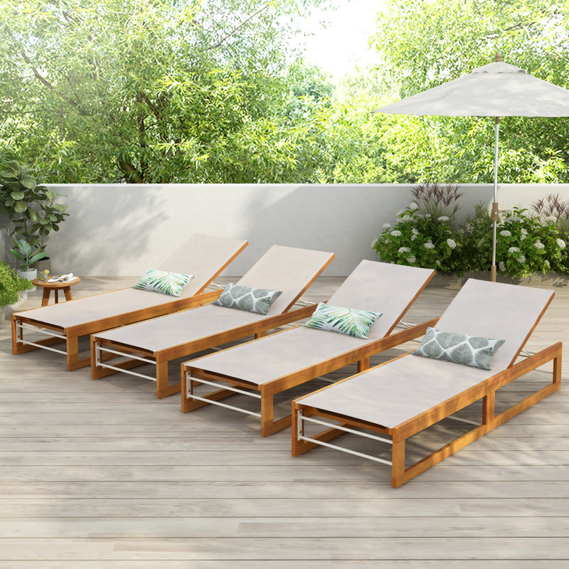 Chaise longue inclinable en acacia de 78,75 po Denzer, Structure en filet / teck beige