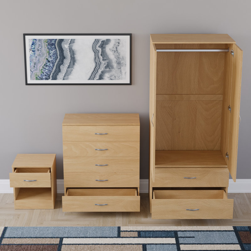Maybery 3 Piece Bedroom Set (1 Drawer Bedside Chest, 5 Drawer Chest, 2 Door 2 Drawer Wardrobe), (4), Pine