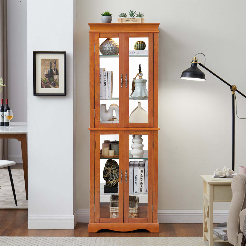 Lighted Glass Curio Display Cabinet With Adjustable Shelves And Vintage Carved Handles, Ideal For Living Room, Kitchen, And Pantry