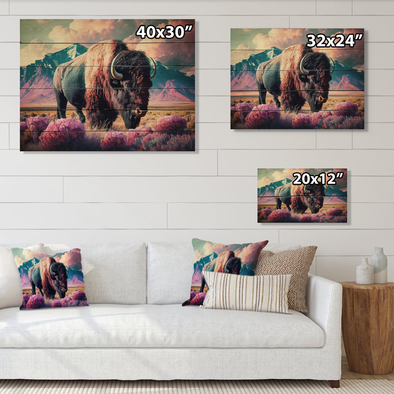 Desiree Buffalo avec paysage - décoration murale animaux en bois, H 12 po x l 20 po x P 1 po