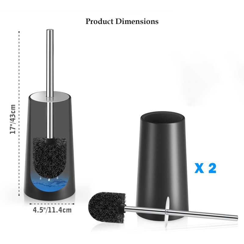 2 Pack Toilet Brush and Holder with 304 Stainless Steel Long Handle,Black, Black