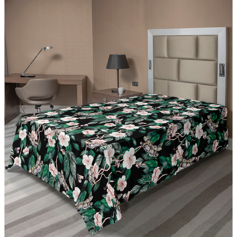 Ambesonne Flowers Flat Sheet Nostalgia Farmhouse, Forest Green and Pale Salmon