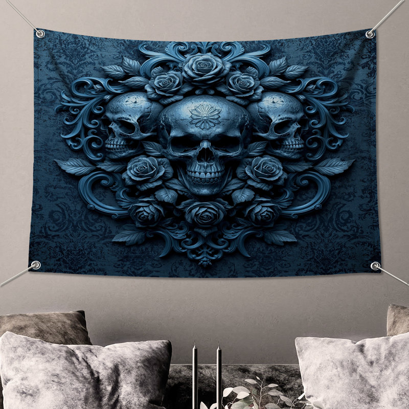 Tapisserie «Skulls With Roses» - décoration murale crânes, H 50 po x l 60 po avec 4 œillets
