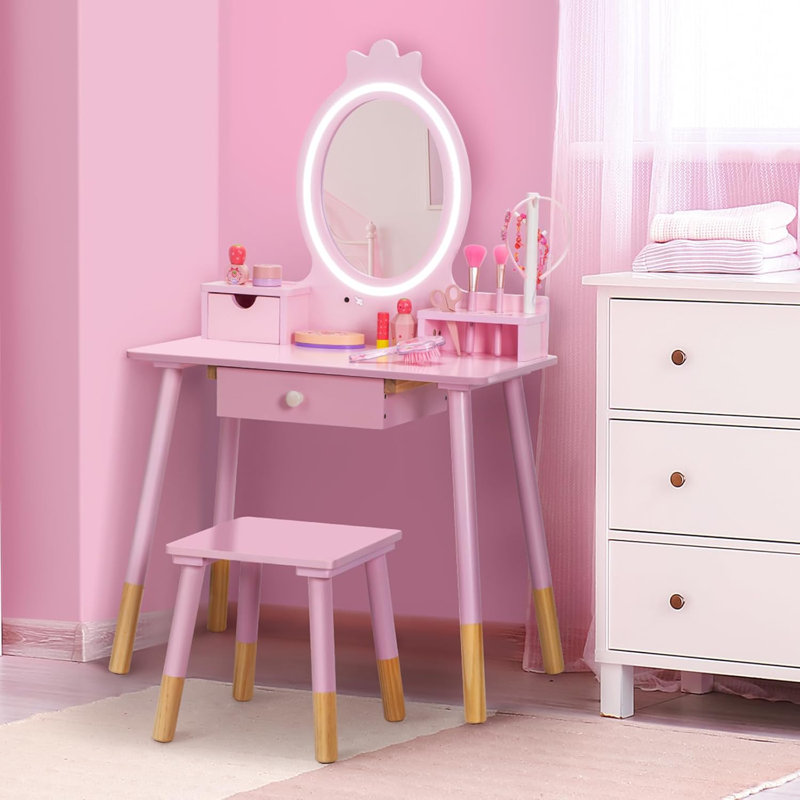 Kids Vanity Set With Stool And Mirror, Princess Make Up Dressing Table With Hair Accessory