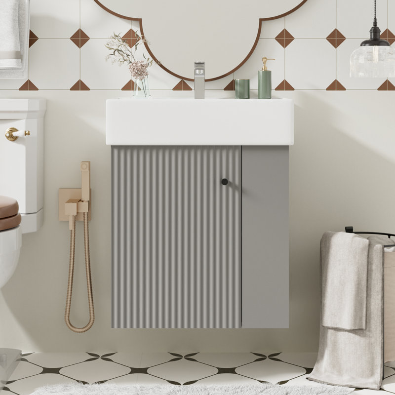 Meuble-lavabo flottant simple 21,6 po avec dessus Lynice, Noir, Gris