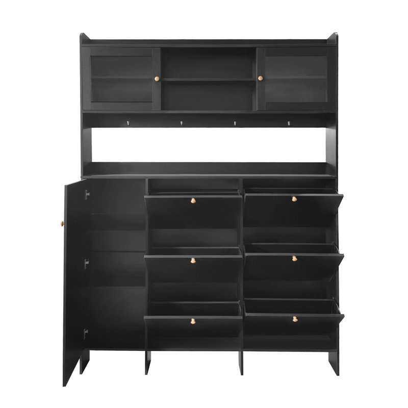 On-Trend Multifunctional Tipping Bucket Shoe Cabinet With Storage Shelf & 6 Flip Drawers, Black