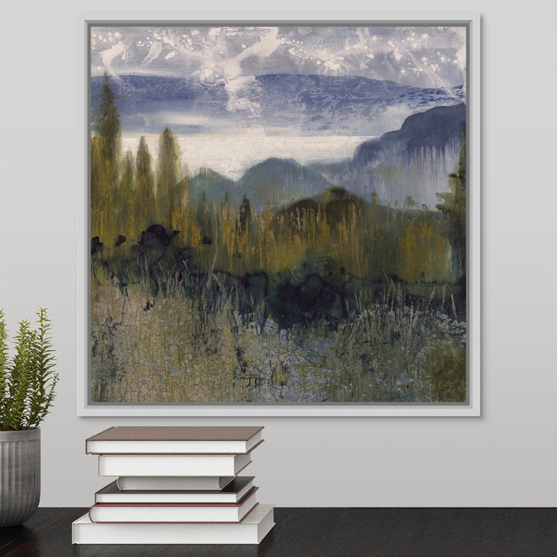 « distante peak », peinture sur toile, H 17,7 po x l 17,7 po x p 1,75 po, Cadre flottant blanc