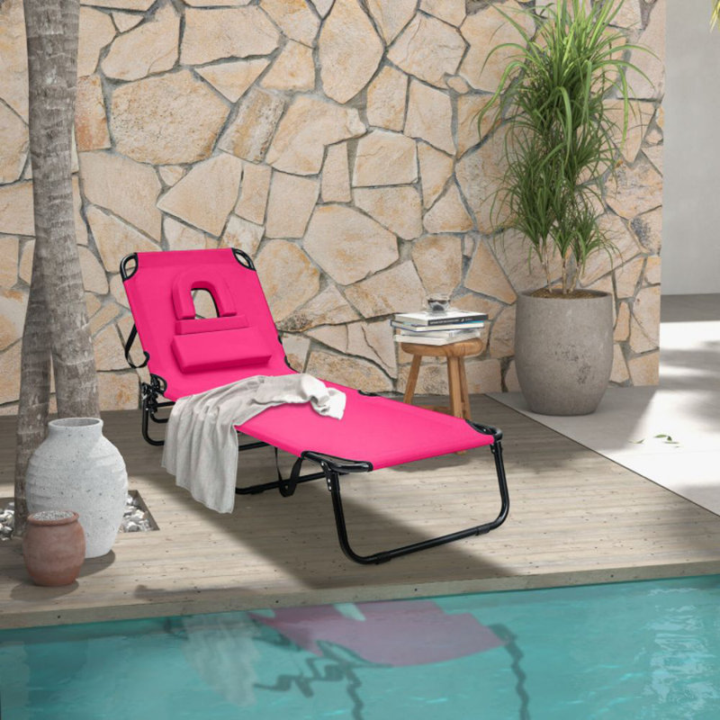 Beach Chaise Lounge Chair With Face Hole And Removable Pillow, Pink