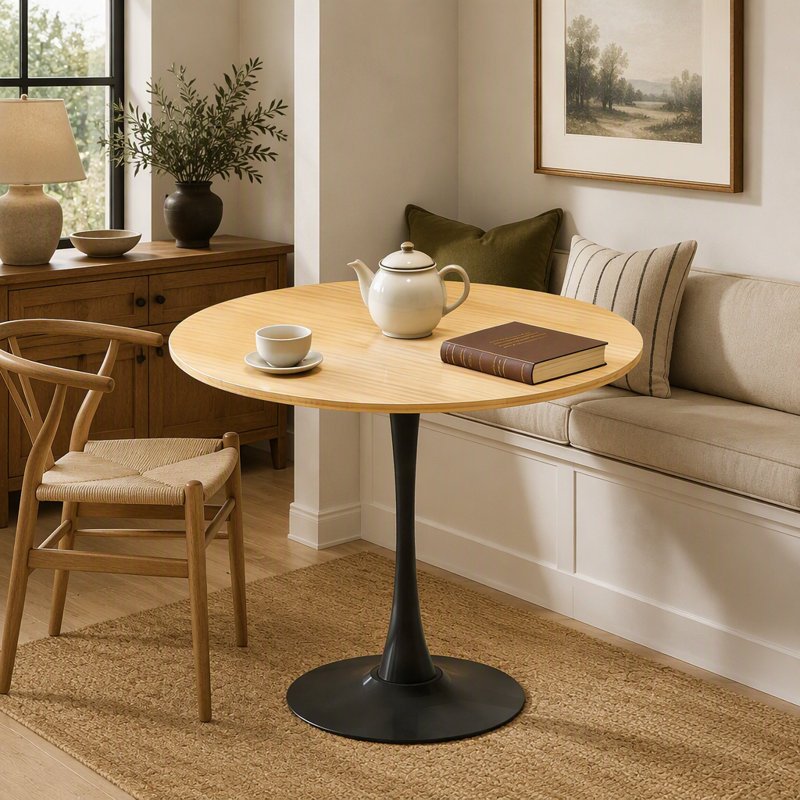 Table de salle à manger ronde en bois naturel, plateau en MDF de 80 cm de diamètre avec piètement en acier, idéale pour les cuisines et les salons modernes.