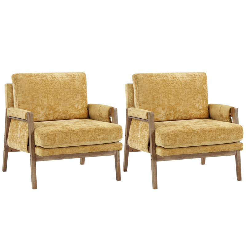 30" Wide Brayven Mid-Century Modern Upholstered Chenille Armchair With Wood Frame (Set of 2), Yellow Chenille