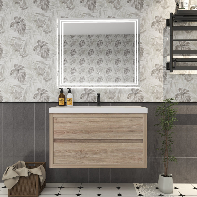 Emert 35.5 " W Wall Mounted 1 Single Vanity Bathroom Vanity With Acrylic Top, White Oak