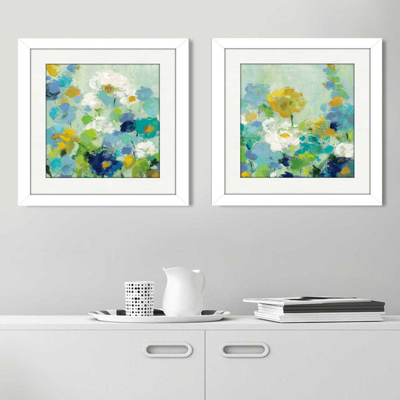 « midsummer jardin white florals », ensemble de 2 reproductions de peintures à l’acrylique encadrées, Blanc mat
