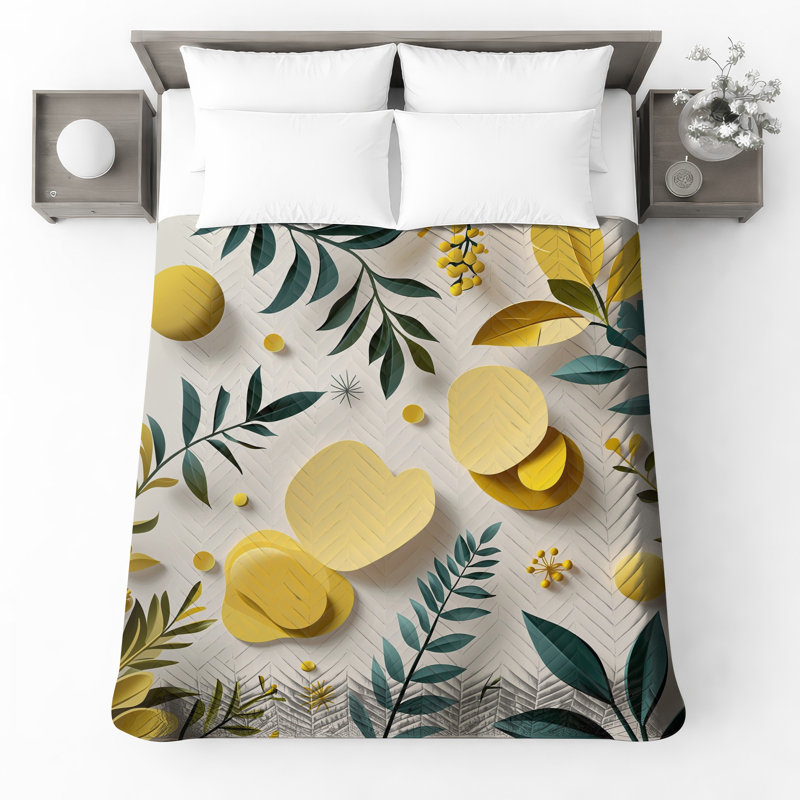 Couvre-lit matelassé jaune et vert, Grand lit