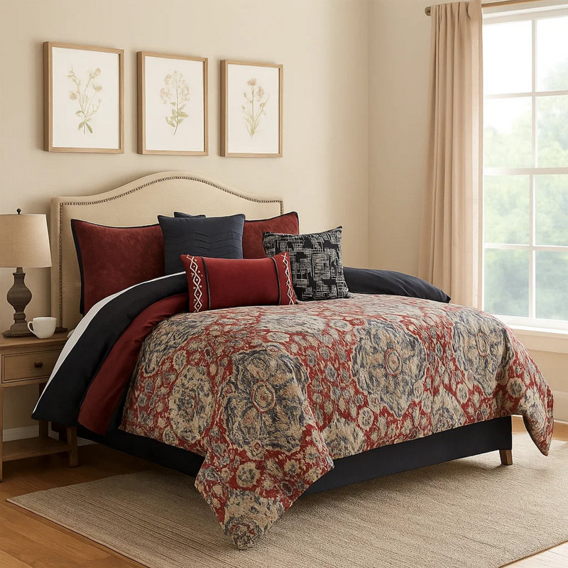  Red/Gray Microfiber Comforter Set, King Comforter + 9 Additional Pieces