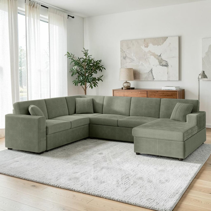 U-Shaped Sectional Sofa With Chaise, Green Corduroy