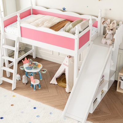 Twin Solid Wood Loft Bed Pink And White, With Detachable Slide, Storage Shelves Adaptable Room Setup White Shelves, Wardrobe, Creative Practical