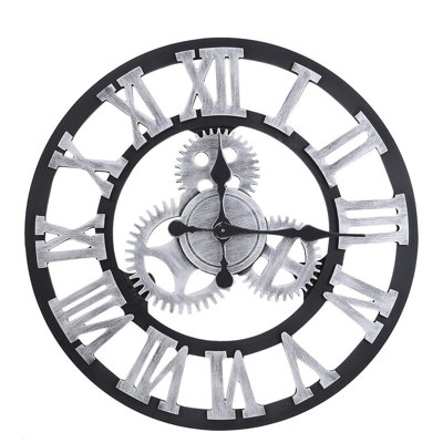 Horloge murale rustique 3D faite main, en bois, avec engrenages, style vintage, pour salon/bureau/bar, 58 cm, argentée