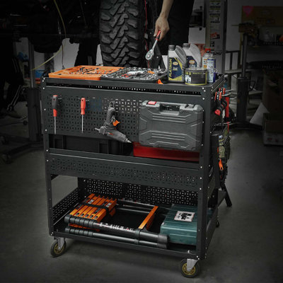 Chariot utilitaire de rangement à 3 niveaux avec chariot perforé et pliable avec roulettes pour organisateur de garage et rangement pour outils