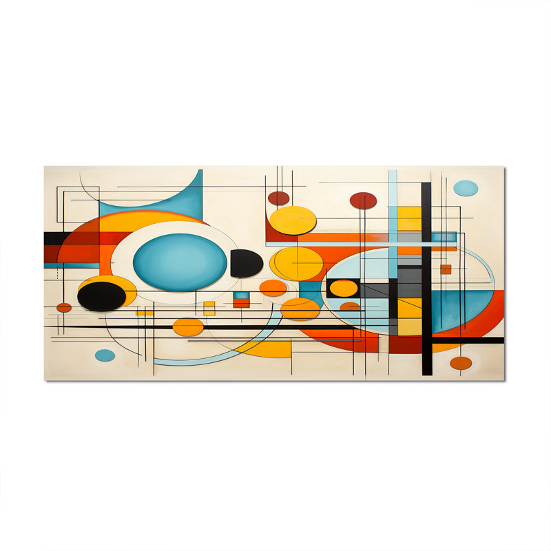 «Orange Blue Mid Century», impression géométrique encadrée sur toile, Toile tendue, H 28 po x l 60 po x P 1,5 po